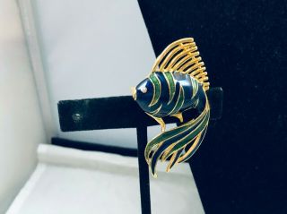 Vtg.  Navy Blue & Green Enamel Gold Tone Angelfish Brooch