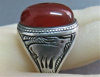 Large Antique Silver Cherry Amber Gents Ring.  Size Z.  Ref:bxod