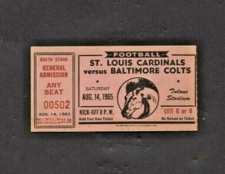August 14 1965 Baltimore Colts Vs St Louis Cardinals Pre Season Game Ticket Stub