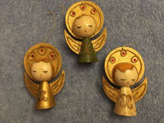 3 Vintage Mid - Century Paper Mache Christmas Tree Angel Ornaments - Gold