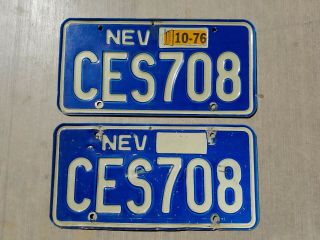 1976 Nevada License Plates Pair Ces708 Recessed Blue White
