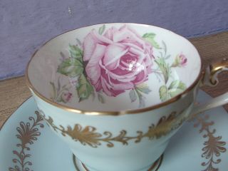 Antique England Pink Rose Blue And Gold Bone China Tea Cup Teacup And Saucer