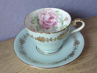 Antique England pink rose blue and gold bone china tea cup teacup and saucer 2