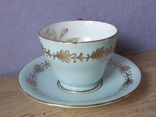 Antique England pink rose blue and gold bone china tea cup teacup and saucer 3