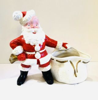 Vintage Large Ceramic Santa Planter Candy Dish Toy Sack Bag 12” Atlantic Mold