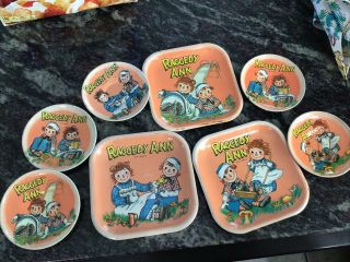 Vintage Raggedy Ann Andy Tin Child Dishes Tea Play Plates 1950’slot Of 8