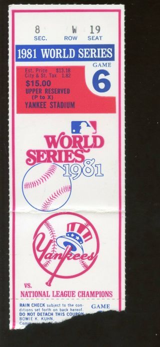 1981 World Series Ticket Stub Los Angeles Dodgers At York Yankees Game 6