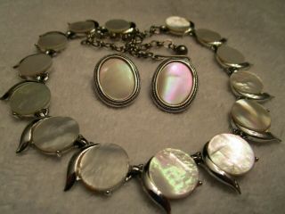 Vintage Mop Disc Necklce & Whiting And Davis Mop Clip Earrings - Married Set