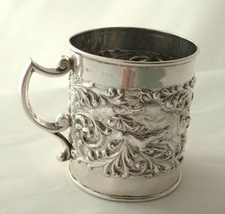 Antique B’ham 1909 Silver Christening Cup Mug Dogs On Boar Hunt C&n