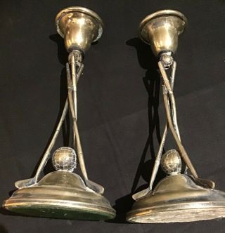 2 rare antique golf candle stick holders - 3 clubs,  gutty ball - epns 2