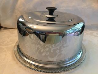 Vintage Glass Footed Cake Saver Plate Metal Chrome Dome Cover Lid