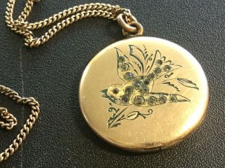 Antique Vintage Art Nouveau Gold Filled Locket Pendant Etched Bird W Rhinestones