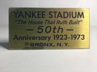 NY Yankee Stadium Brass Seat Plaque - 50th Anniversary 1923 - 1973 2