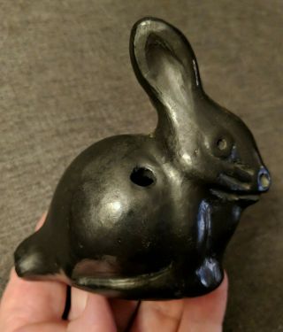 Vintage Folk Art Rabbit Ocarina Whistle Unique Handmade Black Pottery Clay Piece