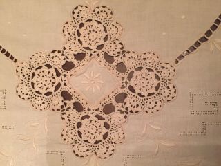 Vintage Embroidered Crocheted Lace Inserts Ecru Tablecloth Scalloped Edges