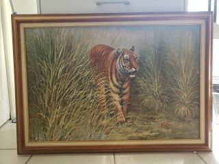 Handpainted Vintage Tiger Oil Painting By Watson Wood Frame