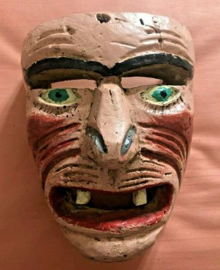 Antique Mexican Ceremonial Wooden Hand Carved Painted Wood Dance Mask Authentic