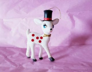 Vintage Made In Hong Kong Plastic White Felt Flocked Deer Ornament Red Polka Dot