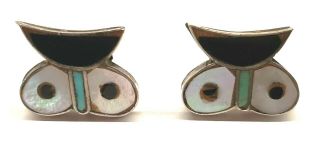 Vintage Native American Zuni Sterling Silver Inlay Owl Head Earrings