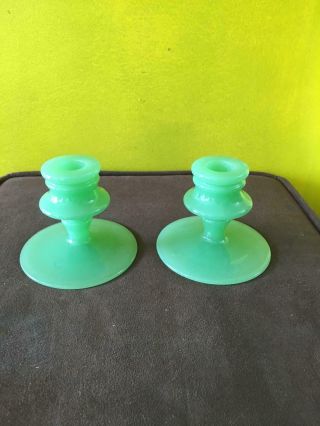 Vintage Green Pressed Glass Candle Holders Set Of 2 Layered Design