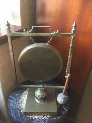 Large Vintage Heavy Solid Brass Gong With Striker