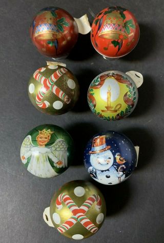 7 Vintage Christmas Round Tin Candy Container Ornaments England Angel Snowman