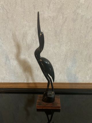 1 Vtg Hand Carved Buffalo Horn Egret/heron/crane Bird On Wood Base