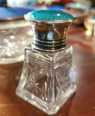 Teal Guilloche Enamel Antique Sterling Silver Cut Glass Perfume Scent Bottle