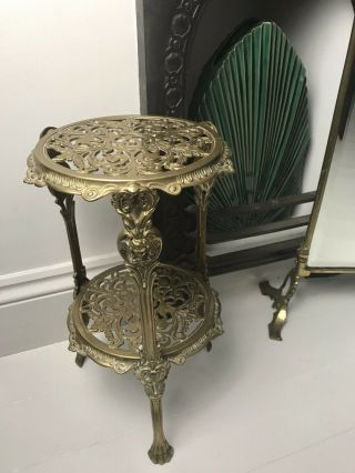 Victorian Brass French Ornate Cherub Detail Two Tier Plant Stand With Lion Feet
