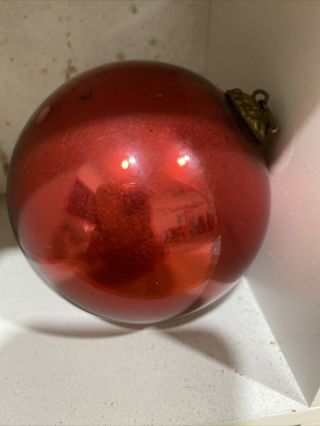 Antique Large Red French Glass Kugel Christmas Ornament Brass 3” T