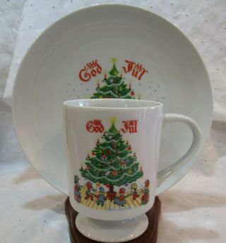 Vintage Porcelain Swedish Berggren God Jul Christmas Elves Dancing Plate & Cup
