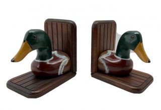 Vtg Hand Painted Mallard Duck Book Ends With Wood Base