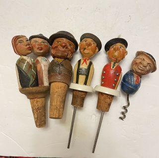 Vintage Set Of Five Wooden Hand Carved Bottle Stoppers,  Two Mechanical