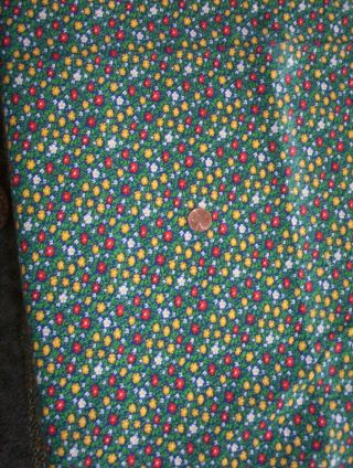 Vintage Cotton Fabric Green W Red Yellow White Flowers 2 Yds,  31 " X 42 "