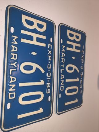 Vintage Maryland Md 1969 License Plates Pair Plate Bh 6101
