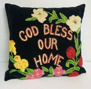 Vtg Homemade Needle Point Velvet Throw Pillow Cover God Bless Our Home Floral