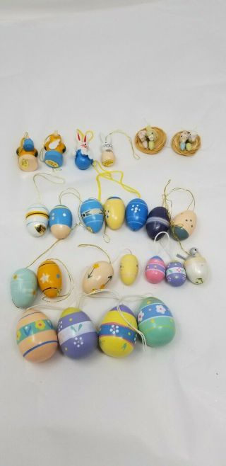 24 Vintage Wooden Easter Egg Tree Ornaments Miniature Bunny Egg Chicks