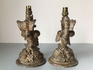 Pair Small Antique Black Forest Carved Wooden Bedside Table Lamps For Rewiring