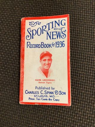 1936 The Sporting News Record Book Hank Greenberg Detroit Tigers Cover