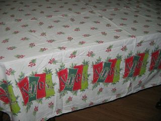 Vintage Christmas Tablecloth Mid Century Noel Ribbons Pine Cotton Handmade 66x68