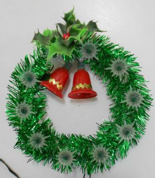 Vintage Christmas Tree Topper Light Up 8 " Green Tinsel Wreath Red Plastic Bells
