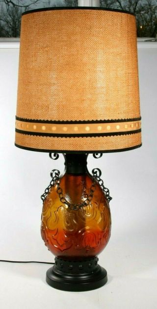 Spanish Revival Table Lamp Red To Amber Glass Gothic Mid Century Vintage - 1