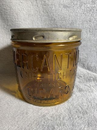 Antique F.  R.  Rice Mercantile Amber Glass Cigar Jar W/ Lid - St.  Louis 1895 Pat.