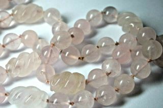 Antique Vintage Chinese Export Carved Swirl Rose Quartz Necklace Knotted 34 "