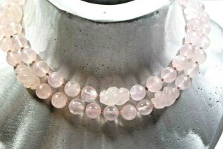 Antique Vintage Chinese Export Carved Swirl Rose Quartz Necklace Knotted 34 