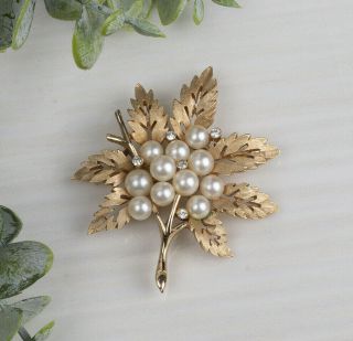 Vintage Crown Trifari Faux Pearl Rhinestone Brushed Gold Tone Leaf Pin Brooch