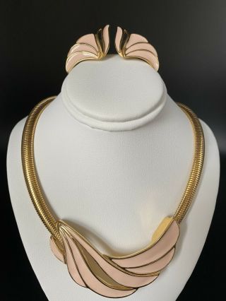 Vintage Trifari 80s Pink Enamel Choker Necklace Earring Set Goldtone Snake Chain