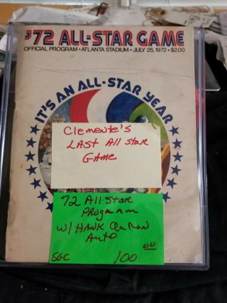 1972 Mlb Baseball All Star Game Program Clemente Has Hank Aaron Cut Autograph