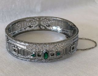 Antique Vintage Art Deco Rhodium Filigree Bangle Bracelet With Green Stones