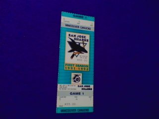 1991 (San Jose Sharks) 1st Game Ticket (Inaugural Season Ticket) 10/5/91 3